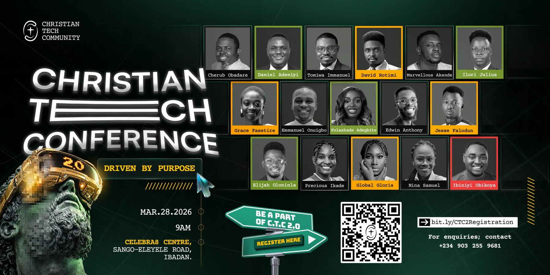 Poster for Christian Tech Conference 2.0, Driven by Purpose, 28 March 2026, Celebr8 Centre, Ibadan, with speaker portraits.