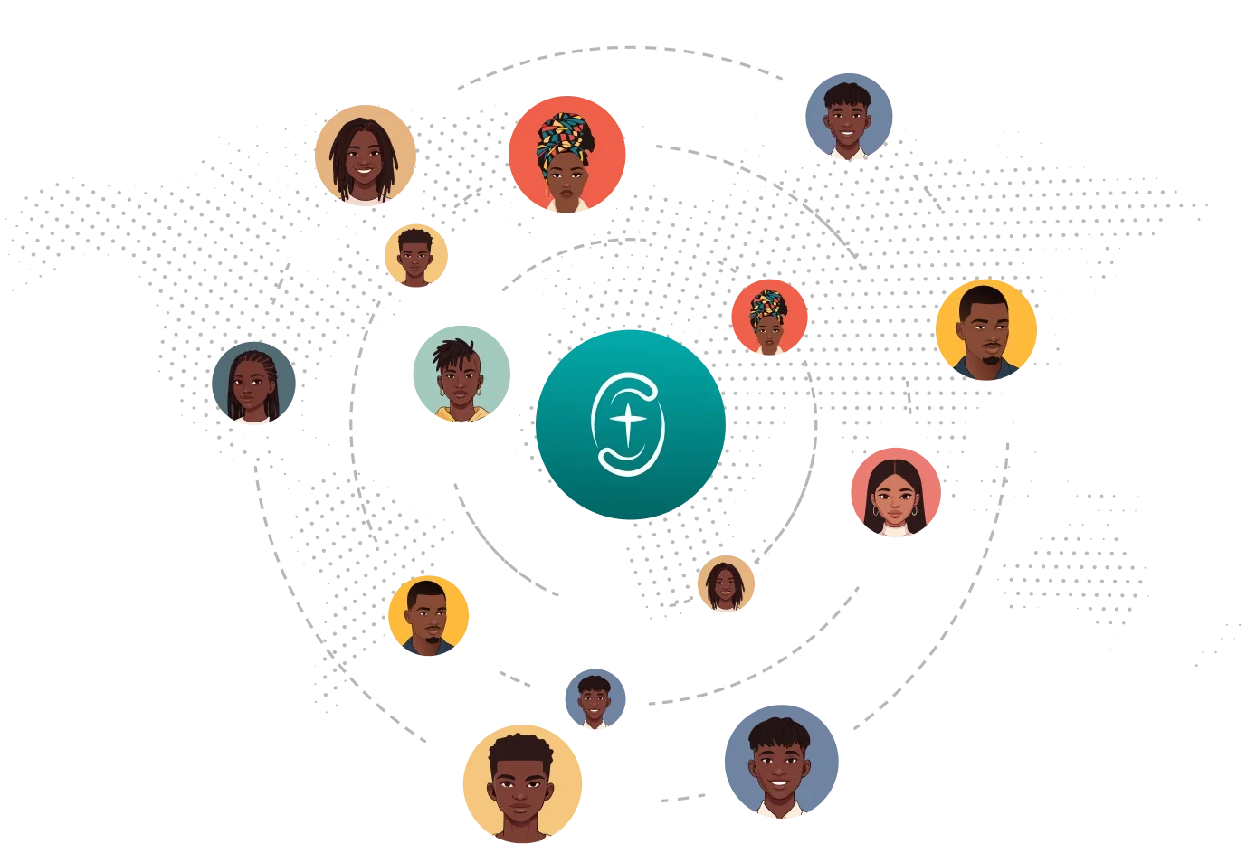 Dotted world map with illustrated CTC members connected around the CTC logo.